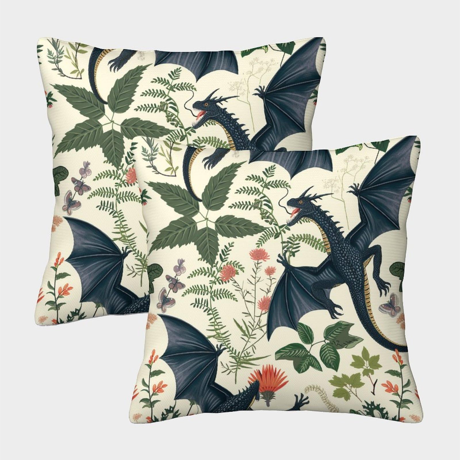 kaiyun 2 Pack Dragon, Bat 3D Image Plants Printed Single-sided Cushion Cover 40x40cm