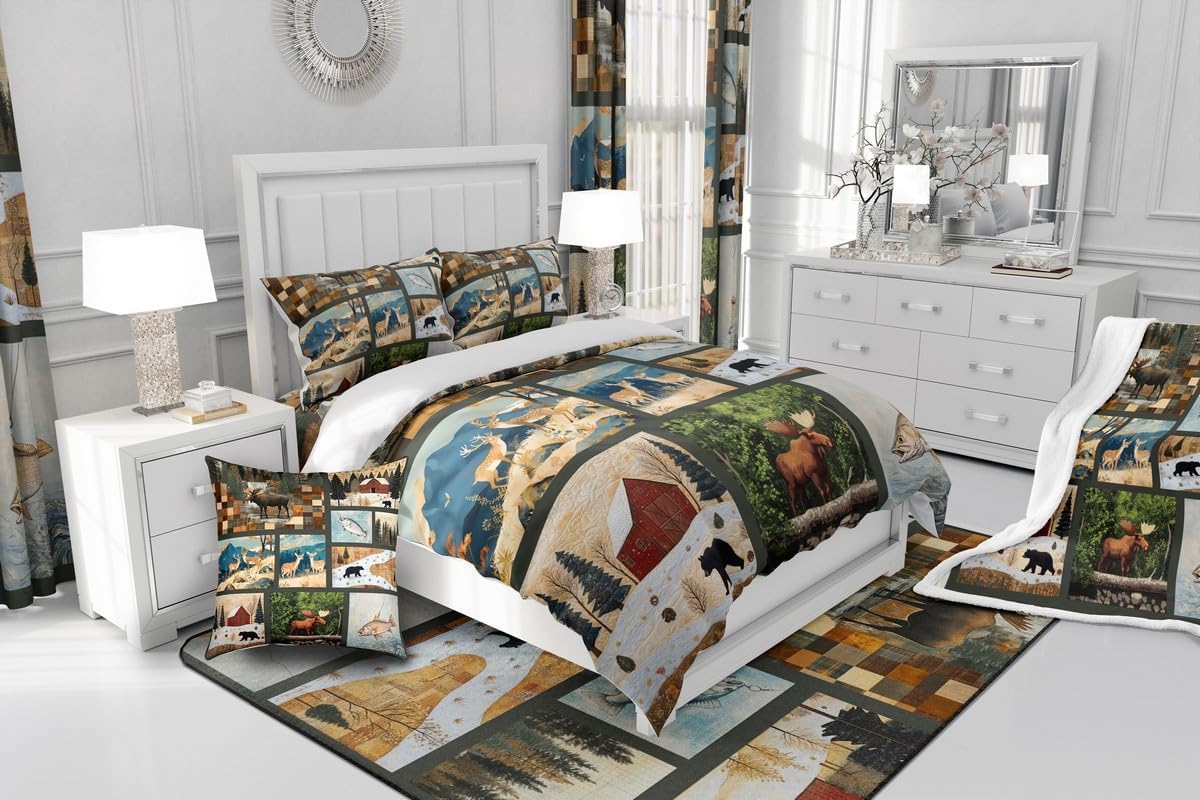 Deer Bear Moose Comforter Set Queen Size,Rustic Cabin Retro Bedding Set for Kids Boys Girls Adults Room Decor,Fishing and Hunting Animal Duvet Insert 3Pcs,Plaid Patchwork Quilt Set,2 Pillowcases