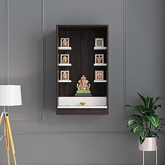 - FURNEASER Ketki Wall Mounted Wooden Pooja Mandir for Home | Compact Temple Unit with Shelves for Idols & Frames | Engineered Wood in Wenge & Frosty White Finish | 85x50x28 cm