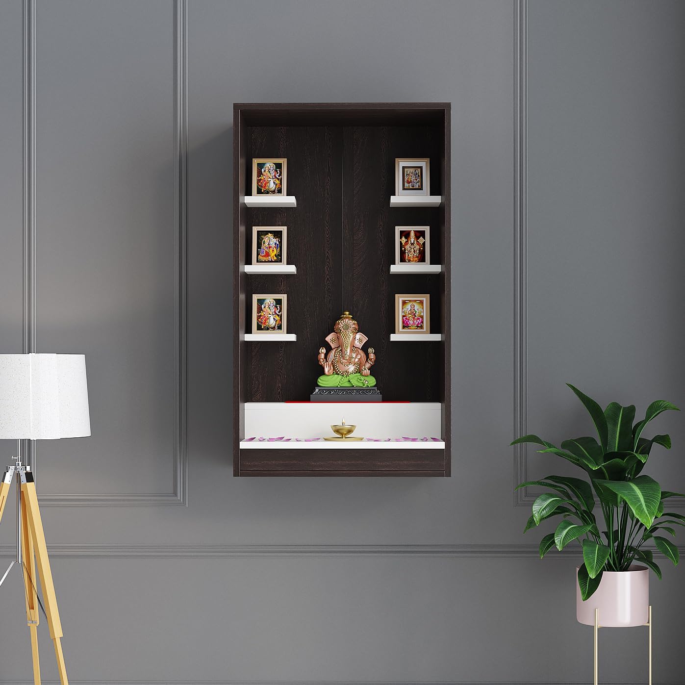 FURNEASER Ketki Wall Mounted Wooden Pooja Mandir for Home | Compact Temple Unit with Shelves for Idols & Frames | Engineered Wood in Wenge & Frosty White Finish | 85x50x28 cm