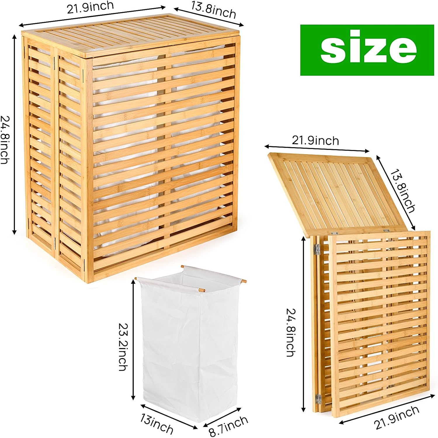 Bamboo Laundry Hamper with Lid and 2-Section Liner Foldable Wicker Laundry Basket Natural Wood Hamper for Bedroom Bathroom and Home Organization Save Space