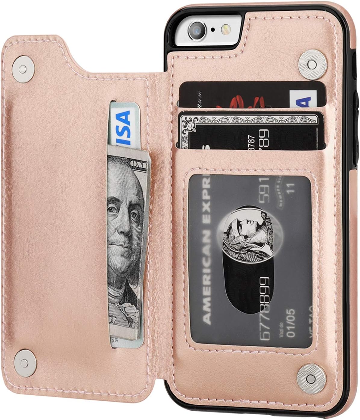 OT ONETOP iPhone 6s Wallet Case with Card Holder, iPhone 6 Case Wallet Premium PU Leather Kickstand Card Slots,Double Magnetic Clasp Durable Shockproof Cover 4.7 Inch(Rose Gold)