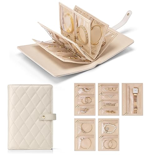 Vlando Teacher Gifts for Women,Travel Jewelry Organizer Case,Jewelry Storage Book Ring Binder with Clear Zipper Velvet Jewelry Pouches Bags for Rings,Necklace,Earrings-Cream White - Cream White