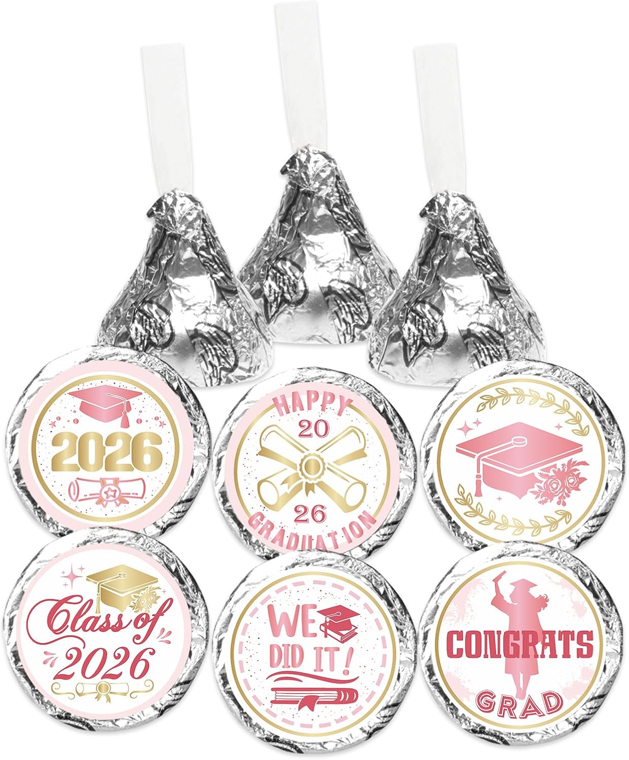 Pink Graduation Mini Round Stickers - Class of 2026 Labels for Kisses Chocolates - Congrats Grad Candy Sticker Party Favors - 150 Count