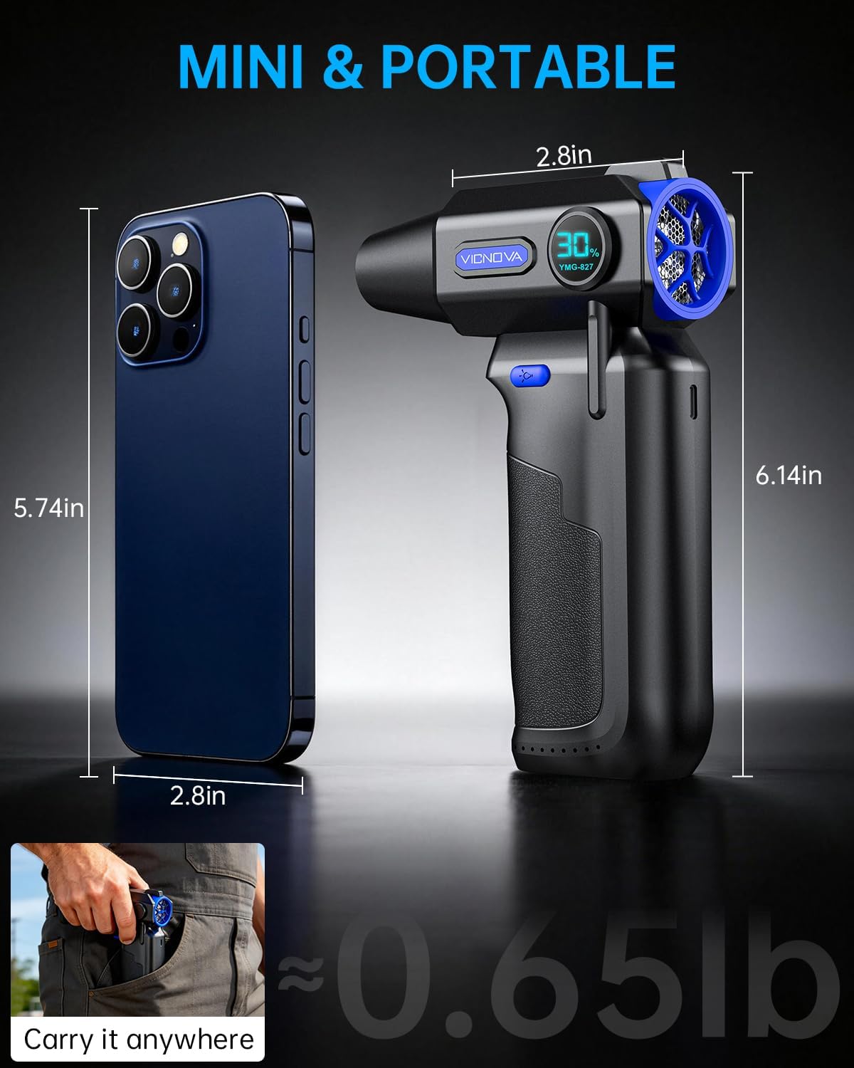 VICNOVA Compressed Air Duster, 150000RPM Cordless Electric Air Blower, 3-Speed Rechargeable Air Duster with LED Light for Computer, Laptop, Keyboard, Car Cleaning, Gifts for Dad Men - Image 6