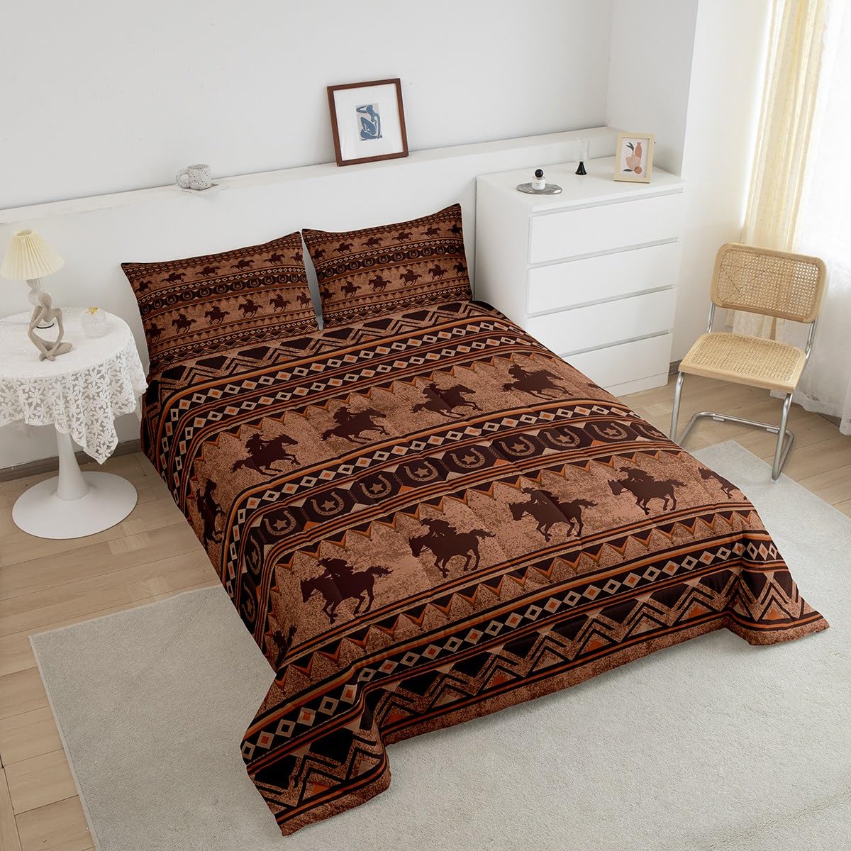 Feelyou Western Decor - Juego de edredón tamaño matrimonial con diseño de caballo, juego de ropa de cama azteca nativo del suroeste, juego de ropa de cama retro, exótico, bohemio, decoración de