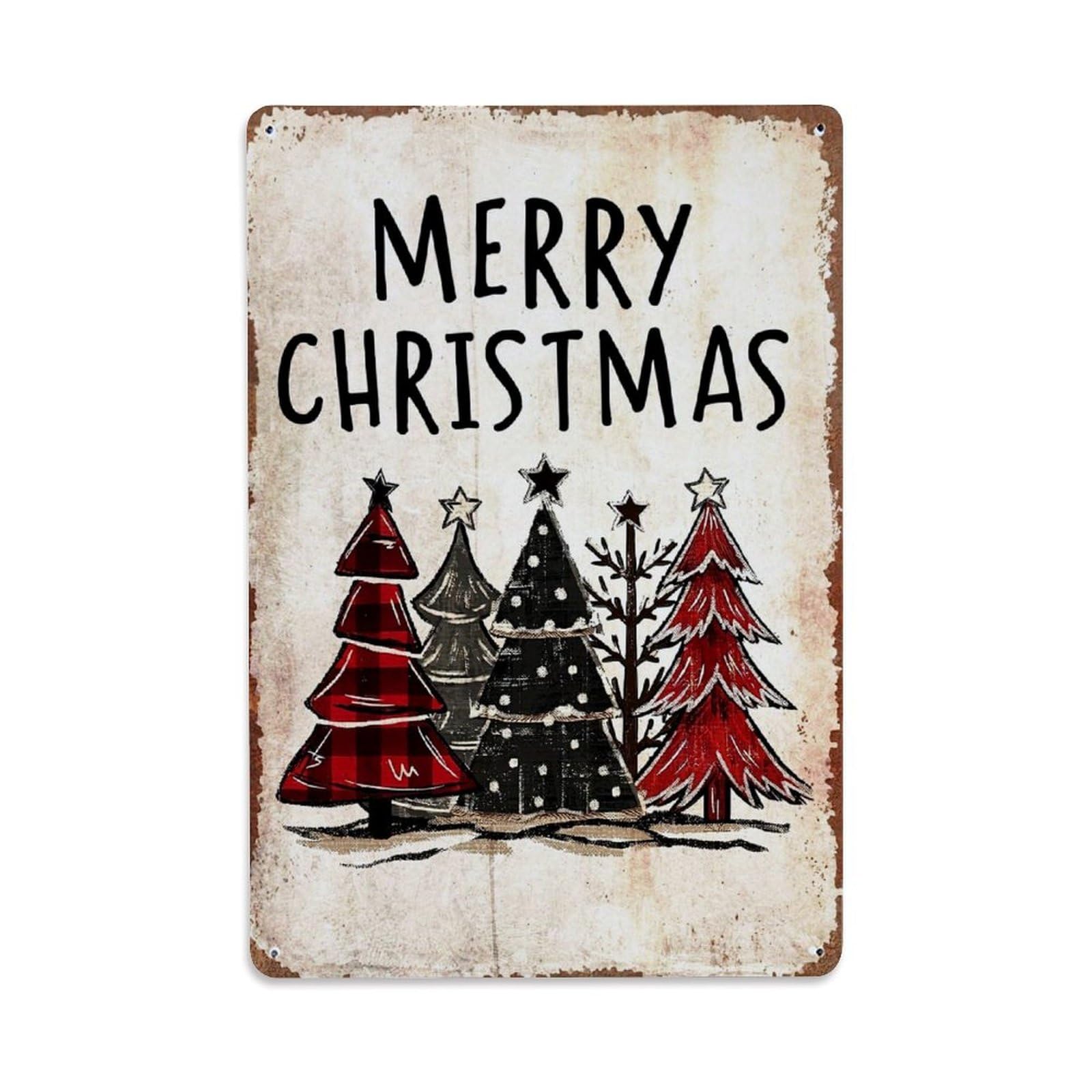 Merry Christmas Trees Pattern Print Retro Metal Tin Sign, Vintage Decor Art Poster for Bar, Home, Man Cave, Kitchen, Laundry Room Gift 8x12Inch