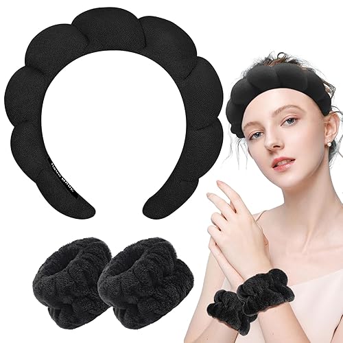 Miniatura 8 de Zkptops 3 diademas de spa para lavar la cara, esponja, maquillaje, cuidado de la piel, diadema suave de burbujas para mujeres y niñas, aro de pelo a
