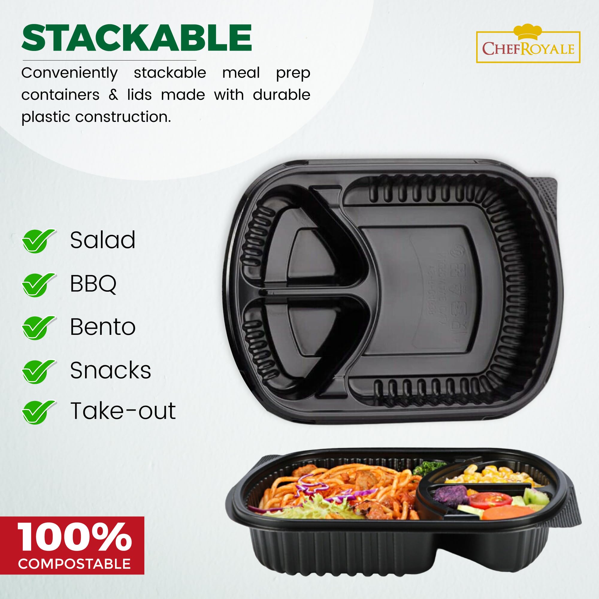 CHEF ROYALE Contenitori per alimenti con coperchi, 50 x 1000 ml, in plastica, contenitori da asporto, con coperchi ermetici, adatti a microonde, congelatore e lavastoviglie, ideali da asporto
