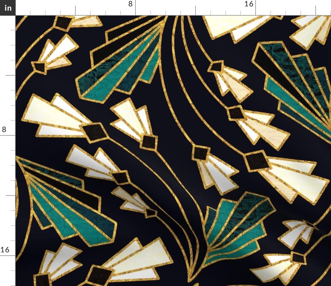 Spoonflower Fabric - Art Deco Floral 1920s Geometric Abstract Botanical Black Teal Cream Printed on Petal Signature Cotton Fabric Fat Quarter - Sewing Quilting Apparel Crafts Decor