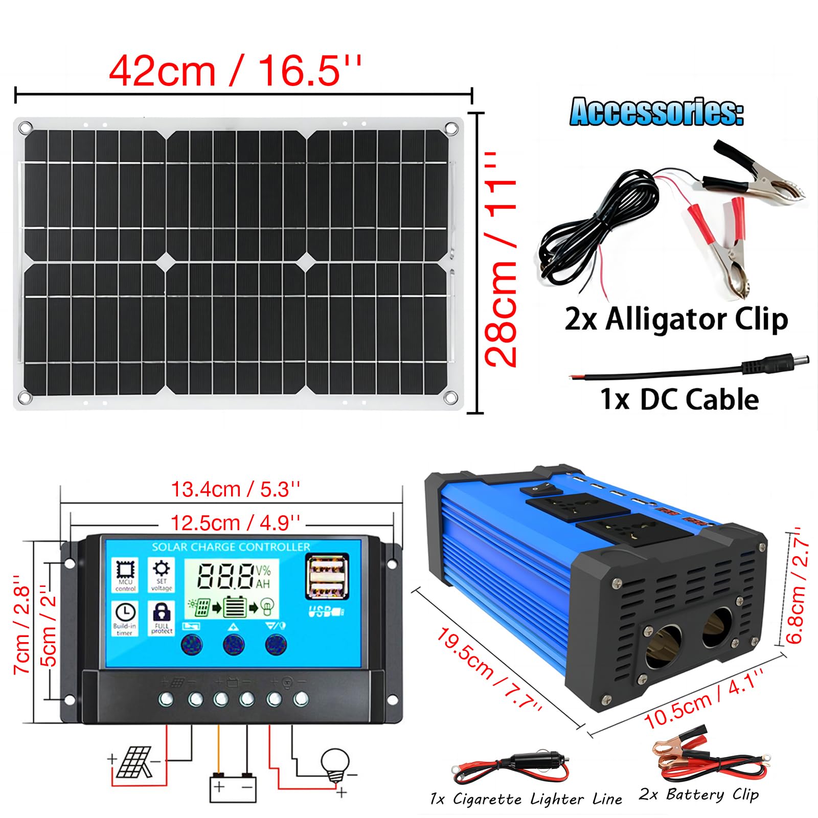 Kit de Panel Solar: inversor de Corriente para Coche de 500 W, Controlador de Carga PWM de 30 A, Panel Solar Impermeable de 18 W para Autocaravana, Barco y Motocicleta.