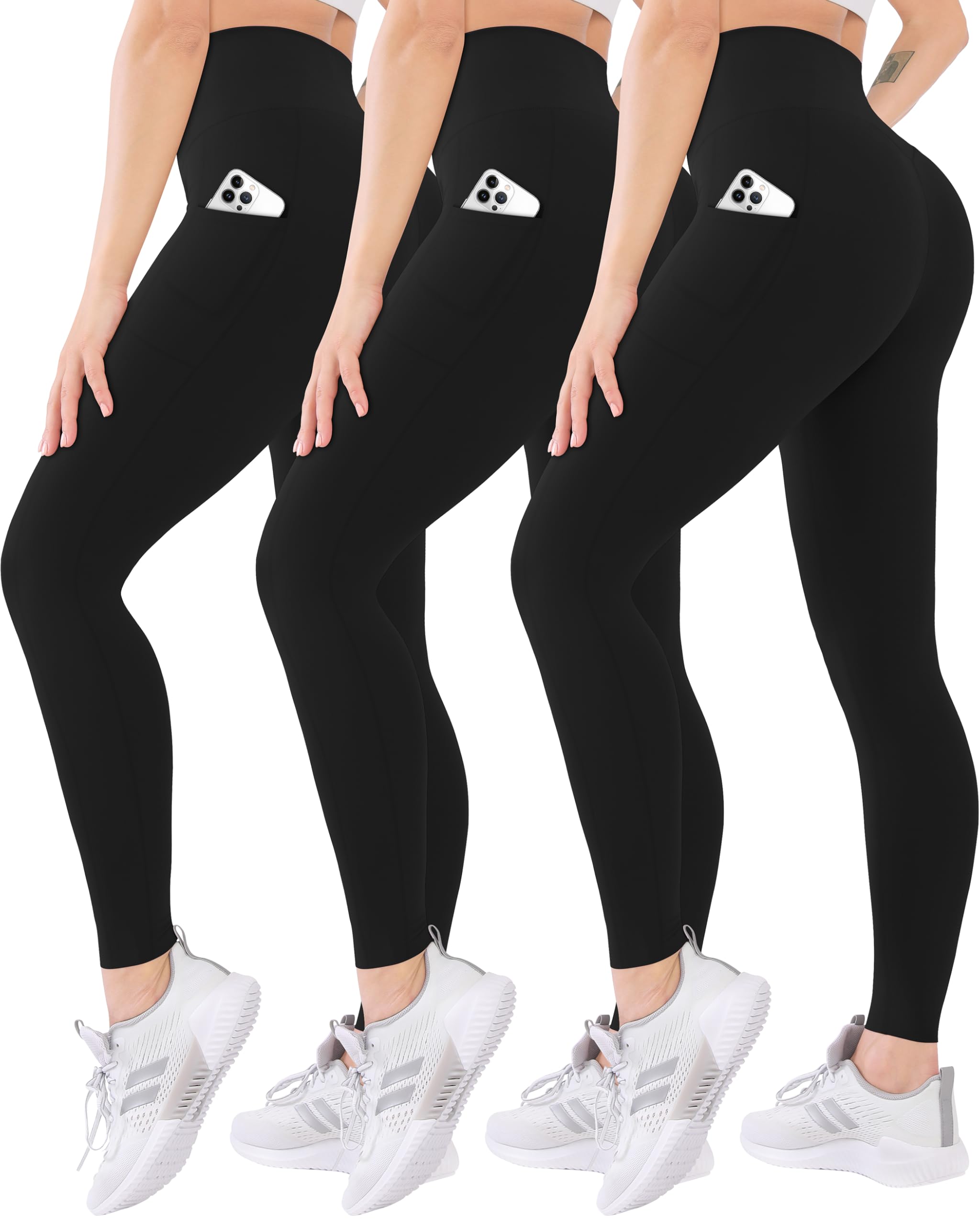 Blisset Paquete de 3 leggings de cintura alta para mujer con bolsillos, pantalones suaves y activos con control de abdomen para yoga, correr y uso diario, 000-negro/negro/negro, L-XL