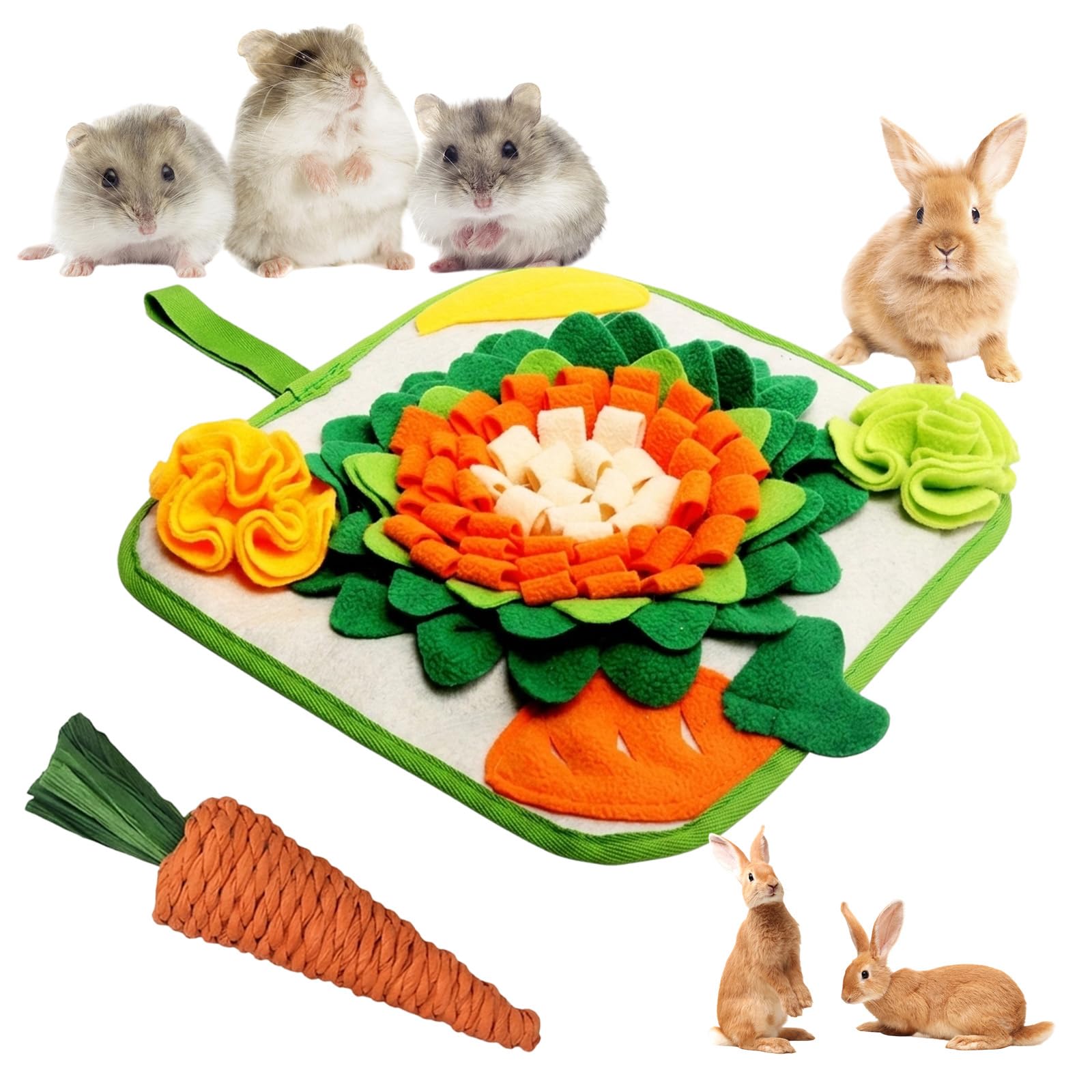 ZeBQrphio 2 Pcs Rabbit Enrichment Toys, Interactive Foraging Rabbit Toys Mat with Chew Carrot, Boredom Breaker for Rabbits and Guinea Pigs,Guinea Pig Toys 30x30cm Felt Mat With Woven Carrot