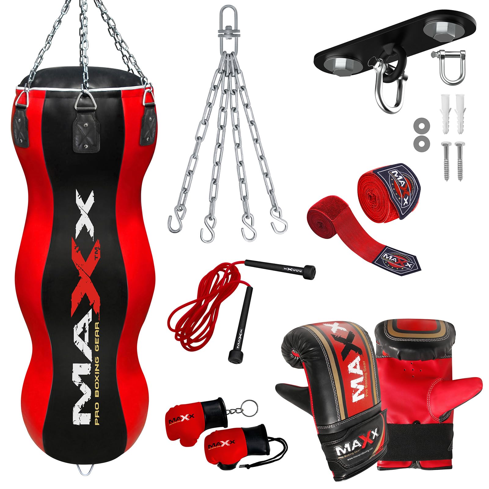 Maxx Black/Red Heavy Duty Punch Bags - Uppercut, Triple, Angle, Wrecking & More (Triple Bag, BAG +10PCS SET WTH HOOK)