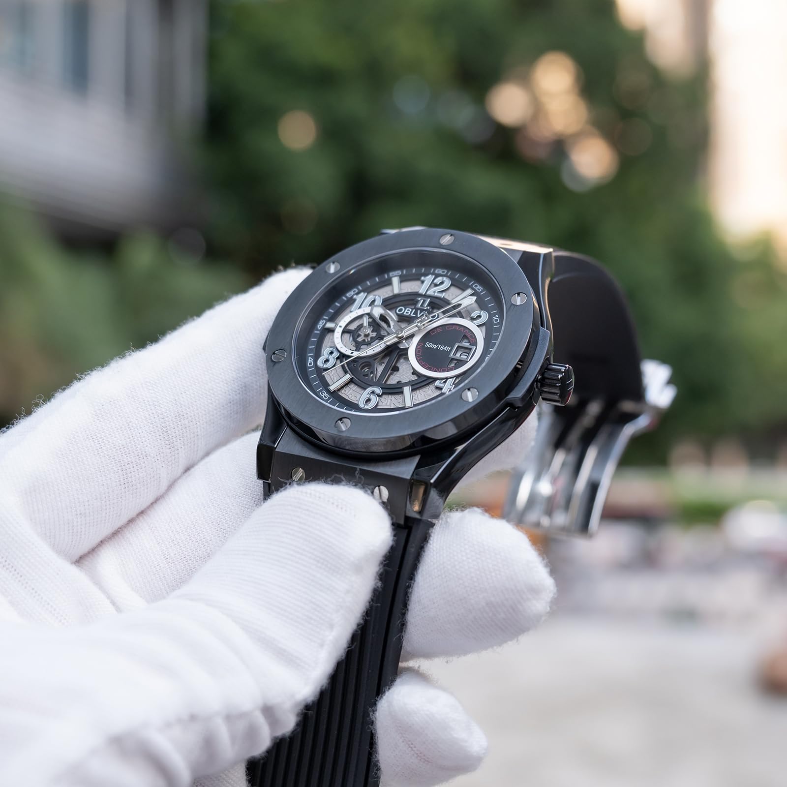 OBLVLO Orologio meccanico classico da uomo, quadrante nero in oro rosa con data, impermeabile, movimento automatico Miyato, cinturino in gomma, HM-GT