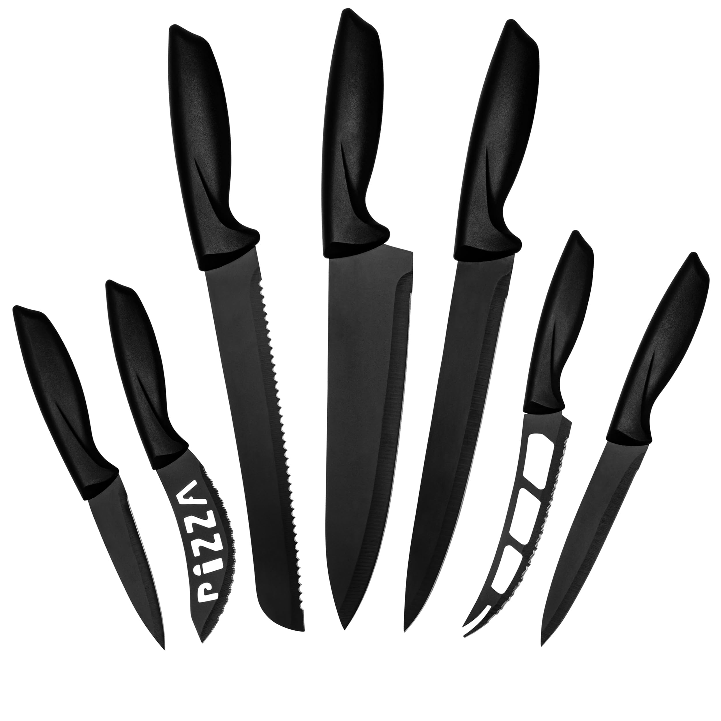 LDC Kitchen Black Knife Set - Stainless Steel, Dishwasher Safe Ergonomic Knives Set with Anti-Slip Handles - Ultra-Sharp Blades - Kitchen Essential Knives - 7 Piece Set
