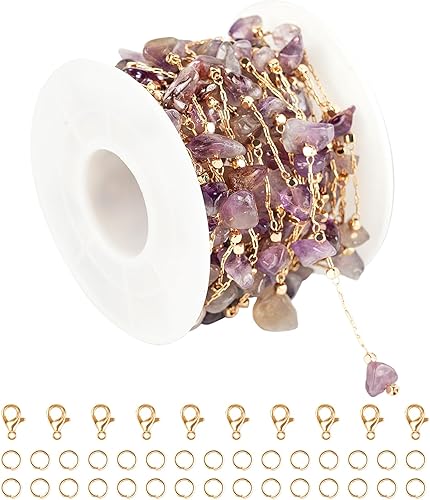 KYUNHOO Cadena de latón chapada en oro de 16.4 ft para hacer joyas, collar de cristal de piedra natural irregular púrpura a granel con anillos de