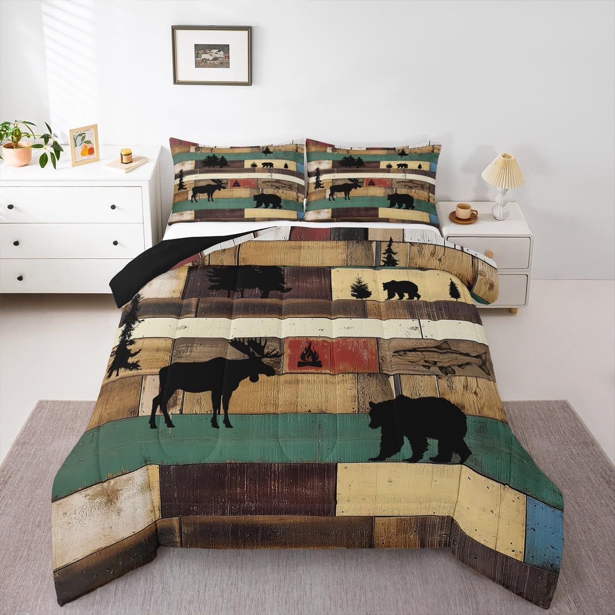 Erosebridal Hunting Adventure Theme Bedding Rustic Farmhouse Comforter Set Queen Vintage Log Cabin Bedding Sets & Collections Microfiber RV Accessories Bed Set Striped Decor Quilt Comforter 3 Piece