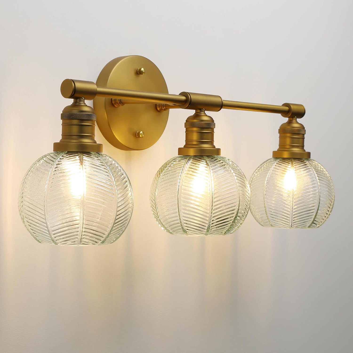 Pathson Vintage 3-Lights Globe Wall Sconces Green Leaf-Pattern Shape Glass Shade, Hardwired Triple-Heads Bathroom Sconces, Indoor Wall Vanity Lights Decor for Living Room, E26 Base