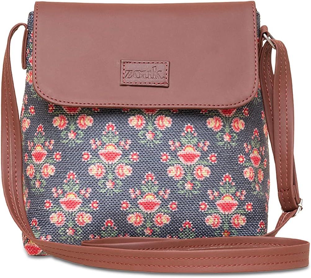 ZOUK Mughal Garden Floral Printed Women's Hand Crafted Vegan Leather Dark Blue Flap Sling Bag