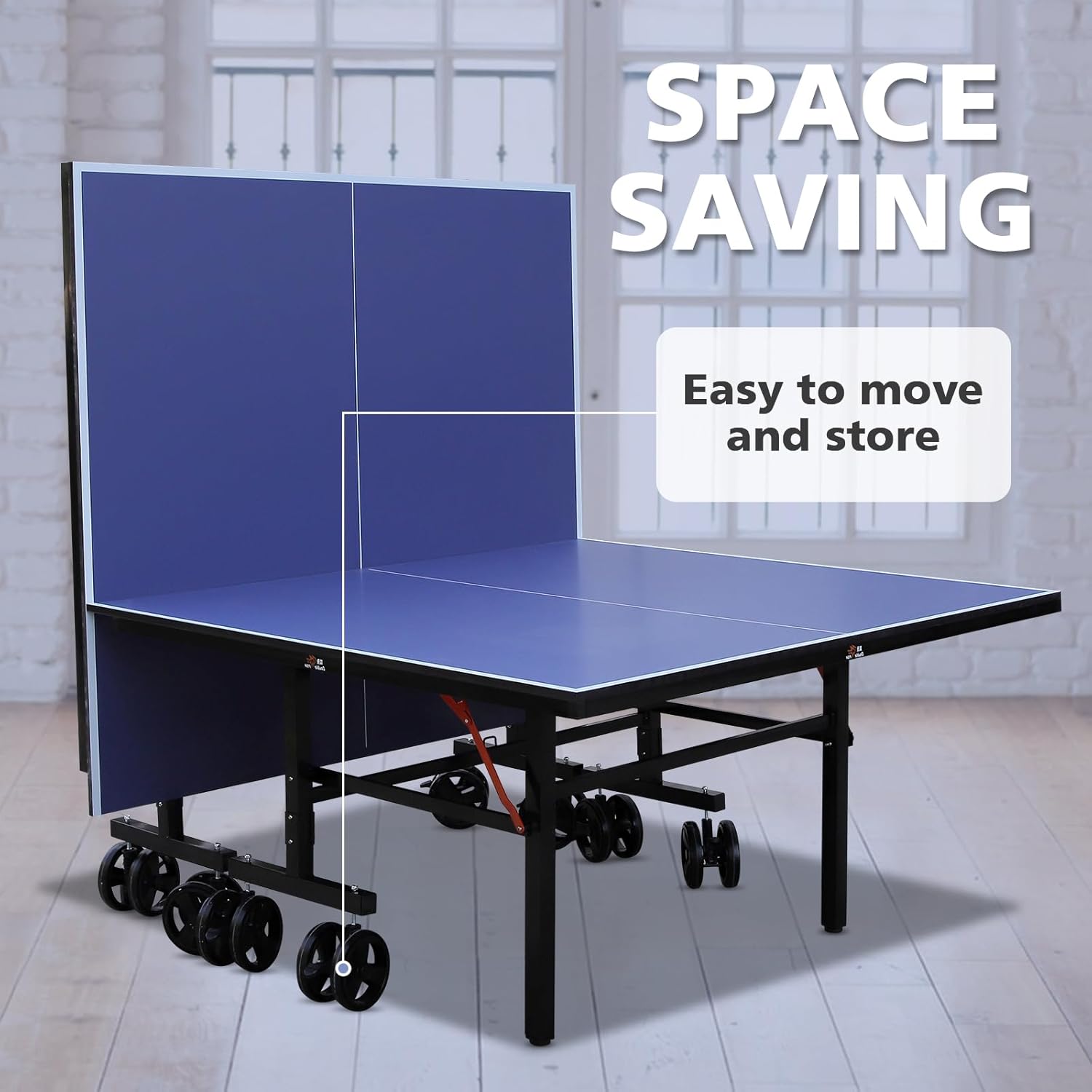 Blue Folding Rolling 9×5 FT Table Tennis Table Indoor and Outdoor Table Tennis Table, 2 Rackets, 3 Balls, 1 Net and 8 Wheels Set Behind It for Easy Movement