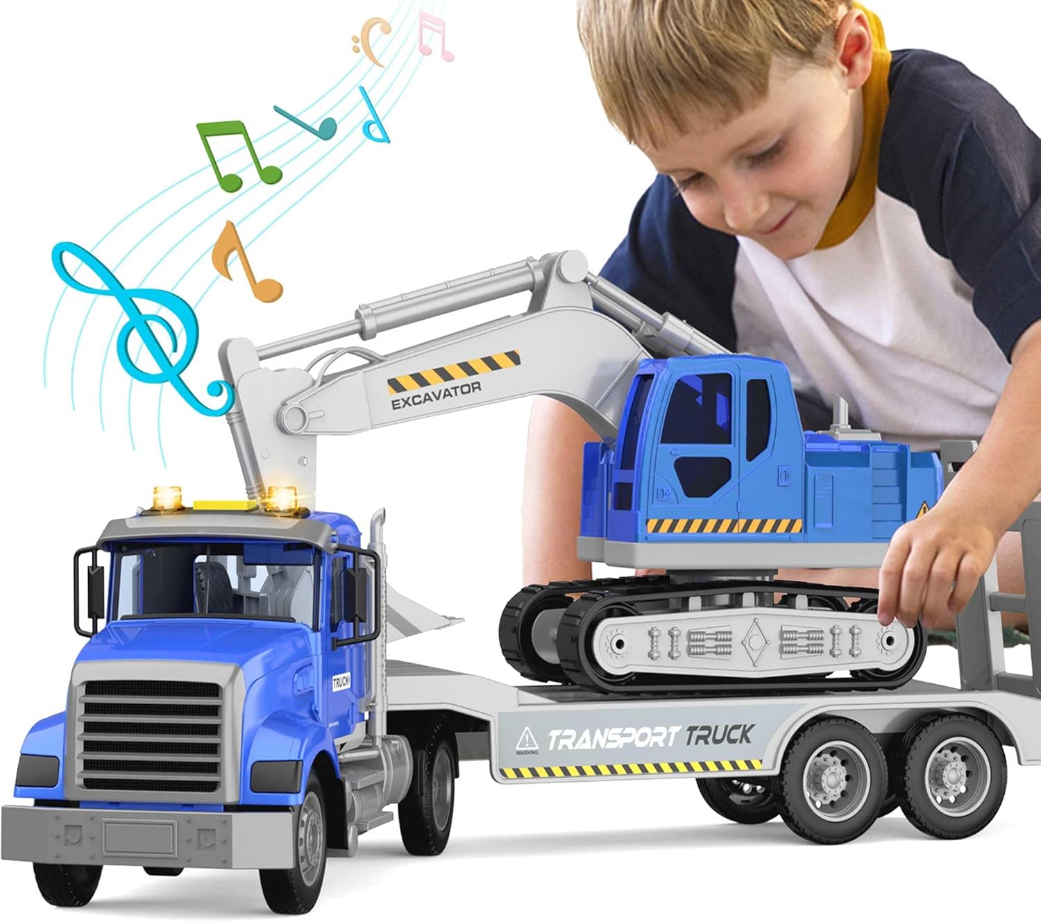 Transports Trucks Kids Toys, 22" Large Semi Truck Toy Carrier and Excavator Truck with Sound&Light,Friction Powered Cars Toys Birthday for Boys Girls 3 4 5 6 7 8