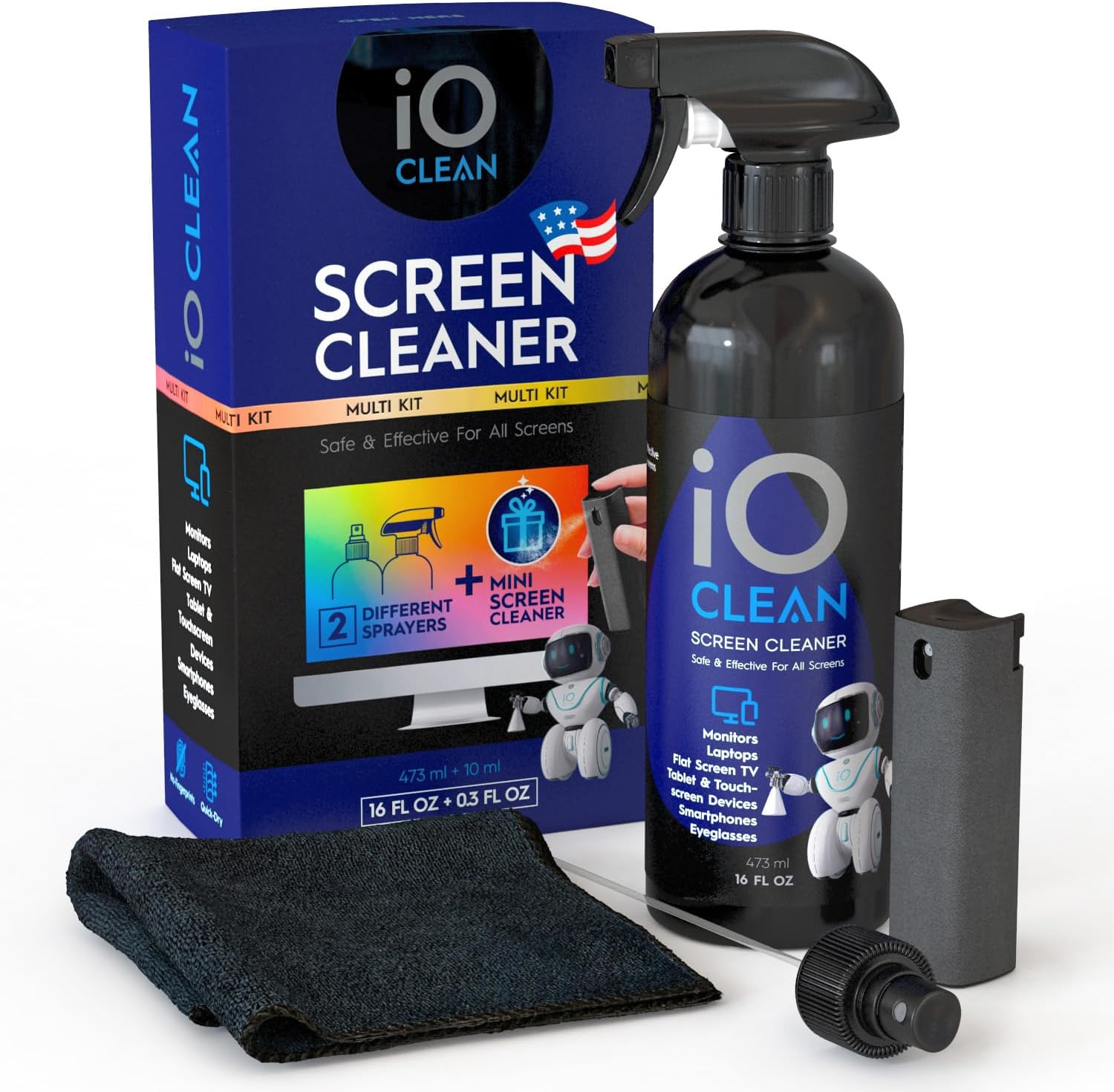 iO CLEAN Screen Cleaner Spray and Wipe (16 oz + Mini