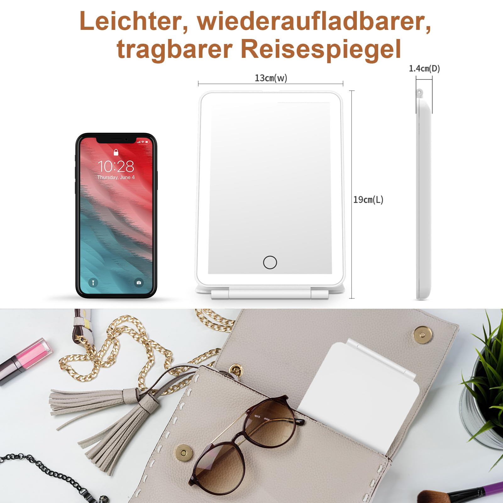 FASCINATE Kosmetikspiegel mit Beleuchtung, Wiederaufladbarer LED Schminkspiegel mit 3 Lichtfarben, Vergrößerungsspiegel Helligkeit einstellbar