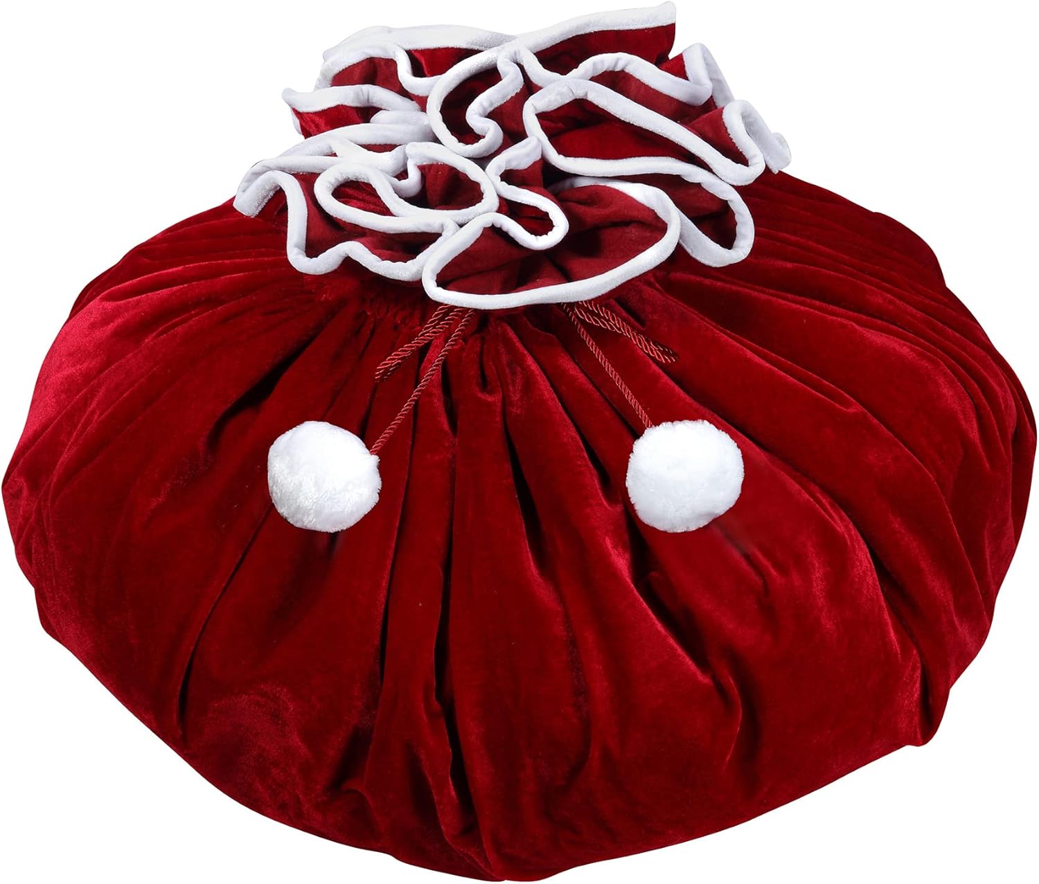 Haute Decor Santa's Surprise Convertible Tree Skirt, Velvet Fabric, Dark Red Double-Sided with Pom Pom String Closure. Extra Large 80 inch Diameter - Hide Presents Until Christmas Morning