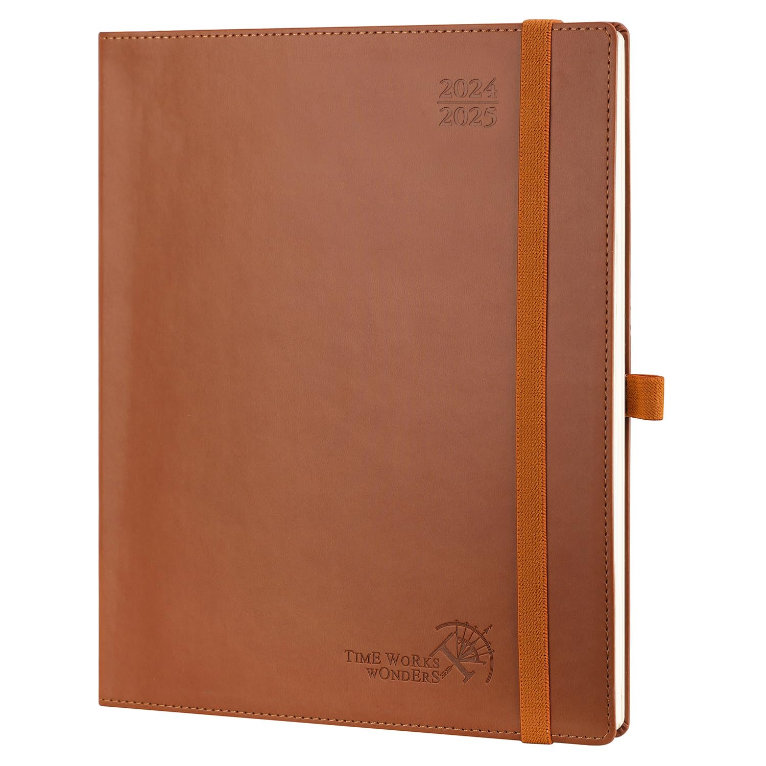 POPRUN Agenda 2024 2025 Semana Vista 26,5 x 21,5 cm, Agenda Semanal 17 Meses de Ago.2024 a Dic.2025, Tapa Blanda en Cuero Vegano, Porta Boligrafos Autoadhesivo, 80 GSM Papel, Marrón