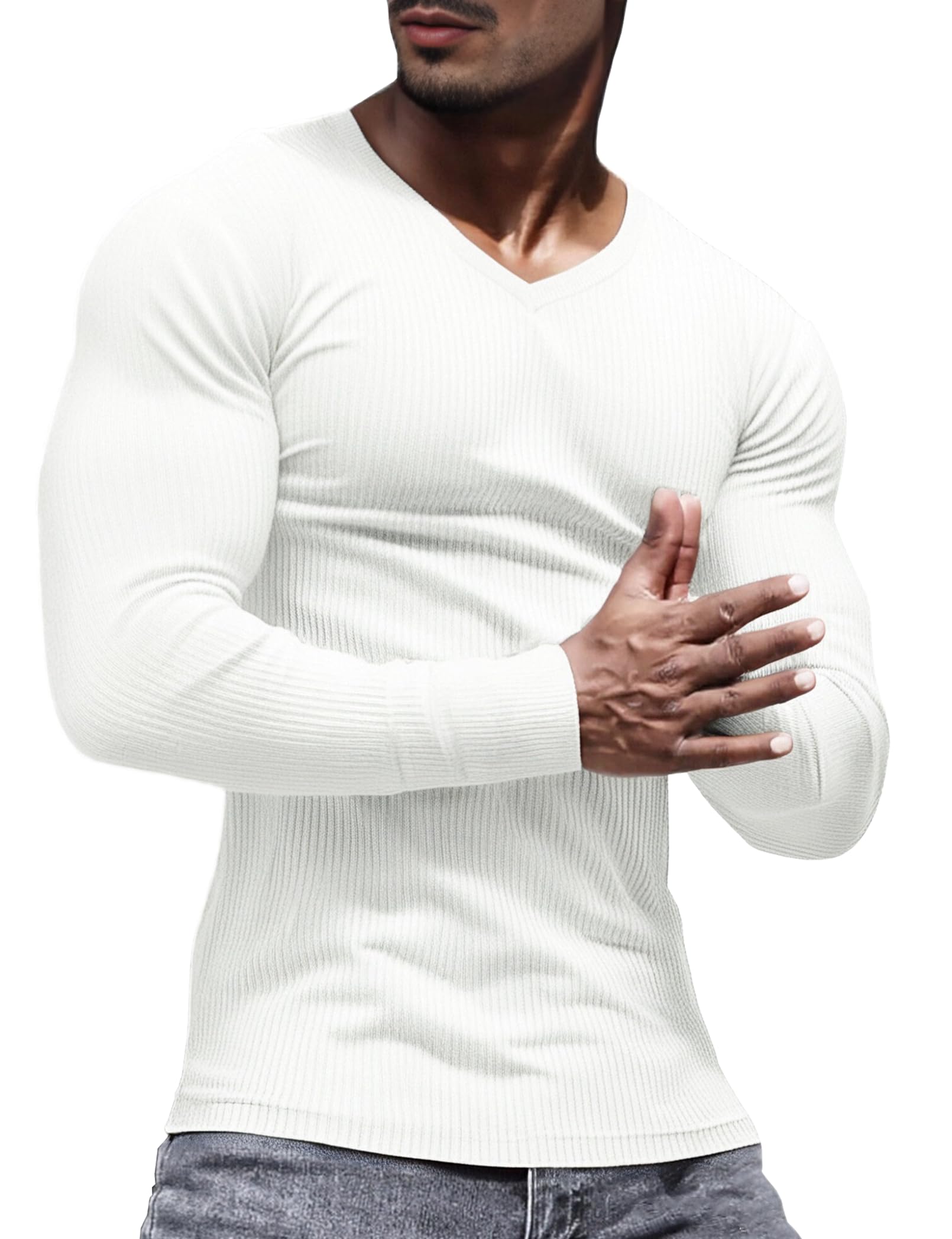 Lehmanlin-Haut Thermique Homme,Maillot de Corps à Manches Longues,sous-Vêtements Chauds Automne Hiver,Maille Interlock,Col en V - S-XXL