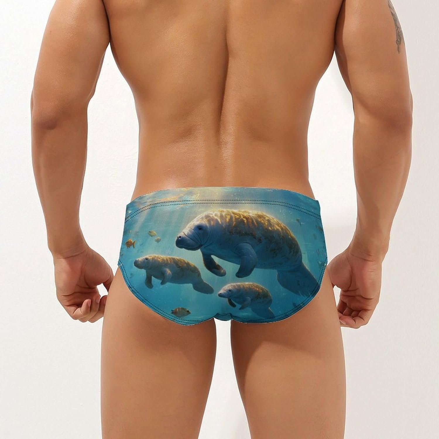 Ocean Manatee Men's Swimsuit Brief Sexy Bikini Briefs Retro Printed Swimwear Quick Dry Swimming Trunks 3X-Large
