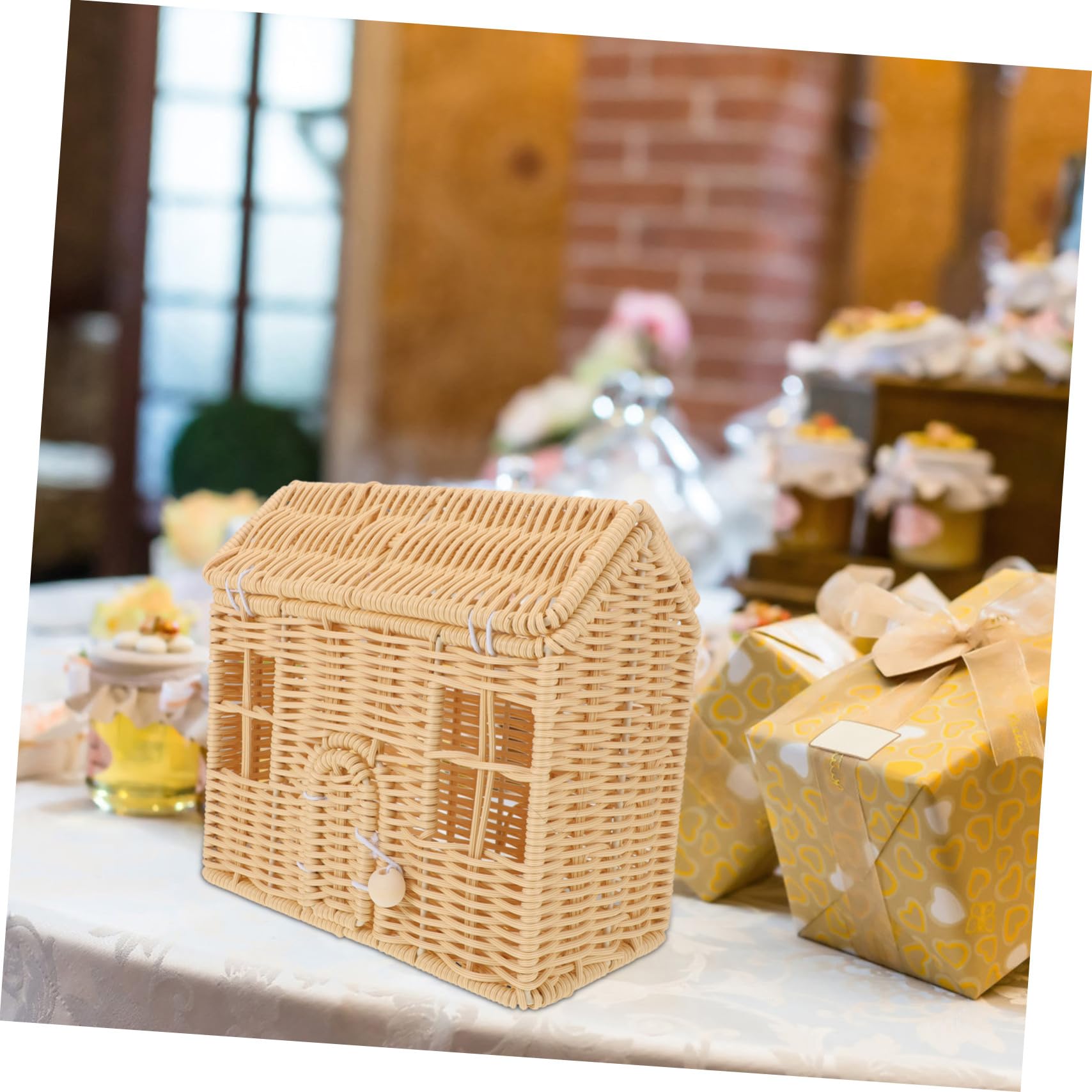 Mikikit Cesta De Dulces Navideña Tejida Mano Con Forma De Casa Cesta Tejida Con Asa Para Dulces Chocolates y Aperitivos Para Fiestas Navideñas y Celebraciones