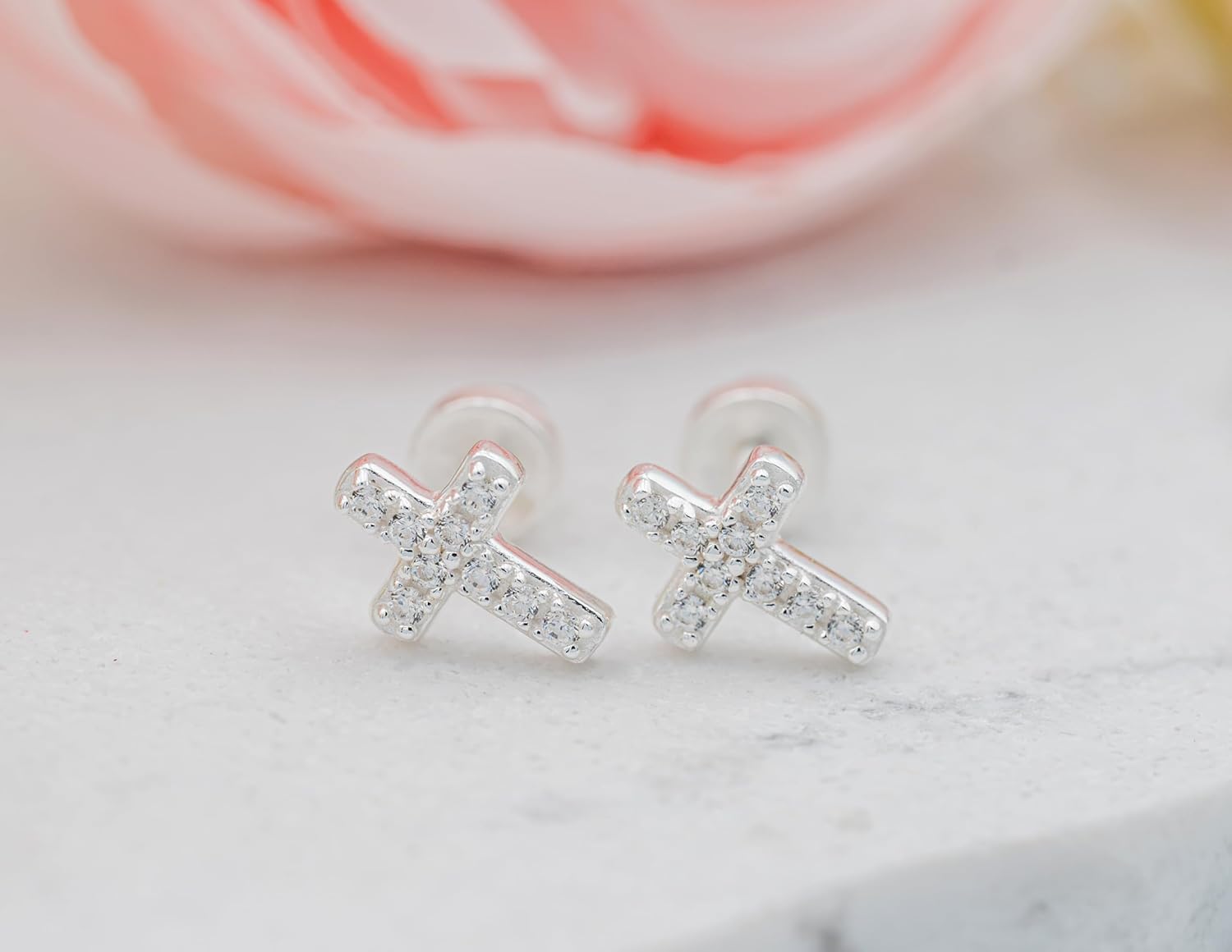 Cherished Moments Children's .925 Sterling Silver or Gold-Plated Cross Earrings with CZs and Safety Screw Backs for Baptism, Christening and First Communion Gifts for Girls