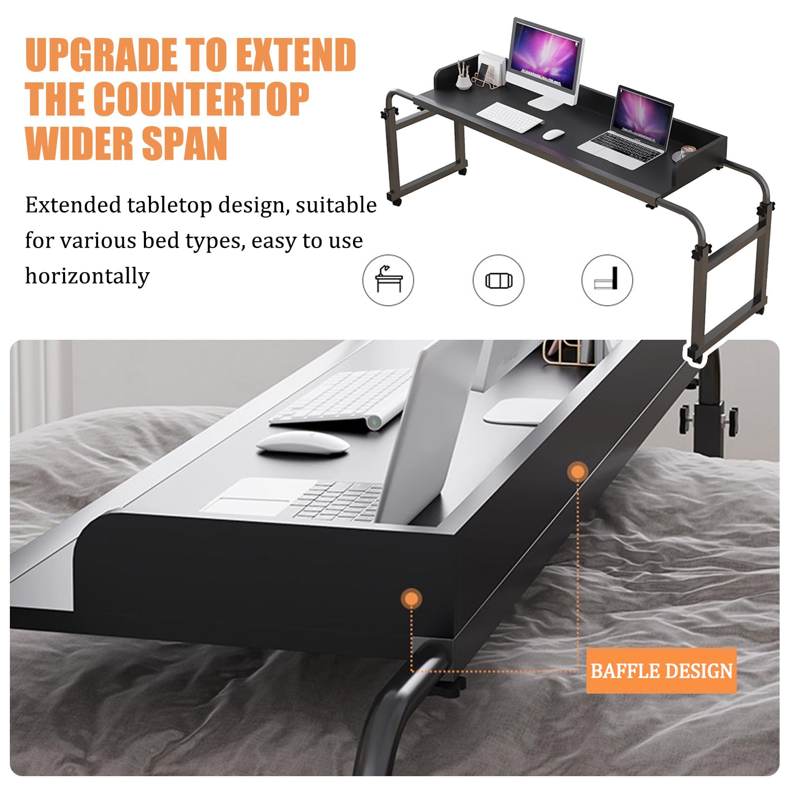 LINLIUA Scrivania servitore, tavolino da letto, tavolino servitore con ruote, scrivania mobile per computer Carrello per laptop, tavolino servitore regolabile in altezza, con ruote a 360°