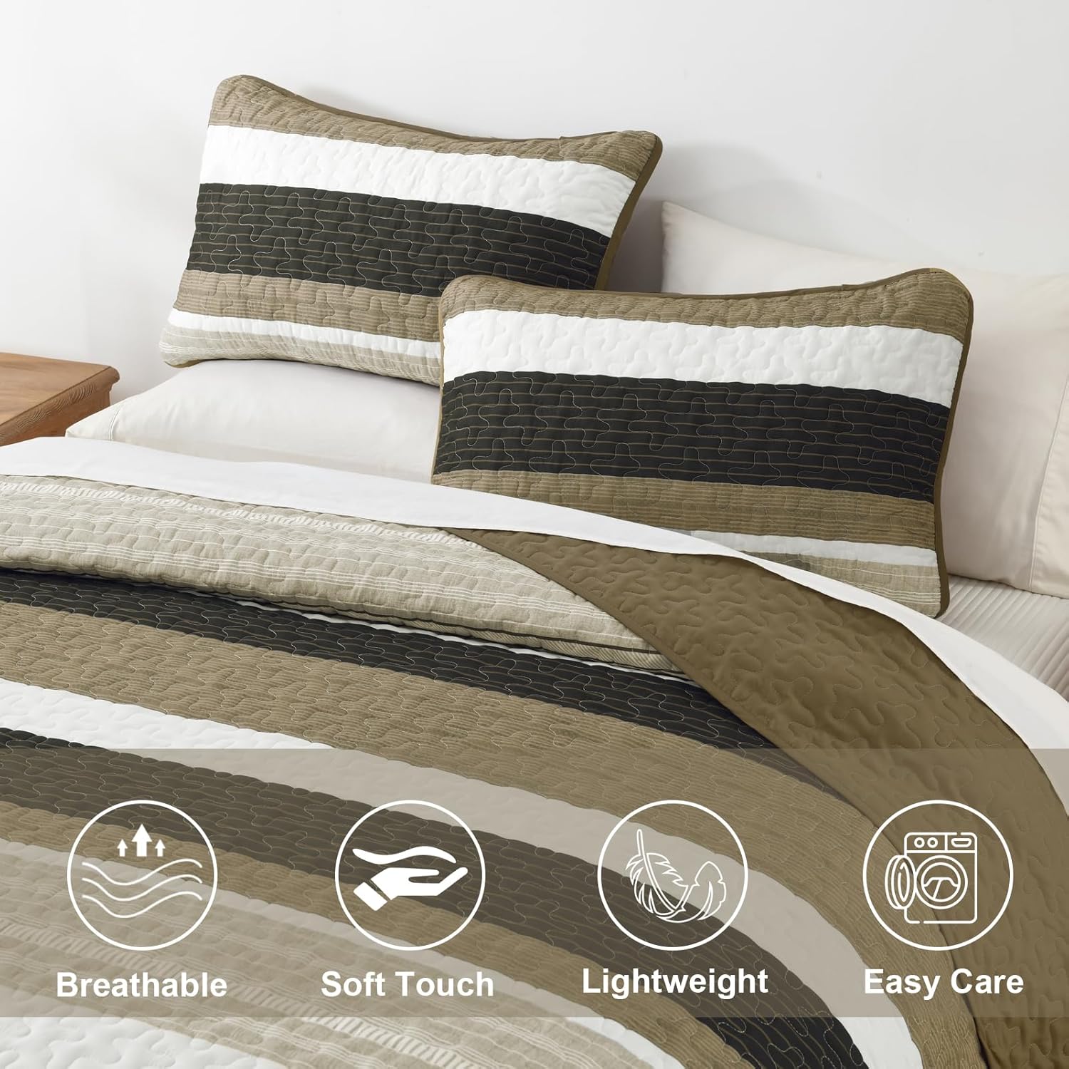 King Size Quilt Set Brown Striped 3 Piece Fall Patchwork Bedspreads Coverlet, Soft Lightweight Browm White Bedding Set with 2 Pillow Shams, Soft Microfiber Comforter Set for All Seasons, 110" × 90" - Image 8