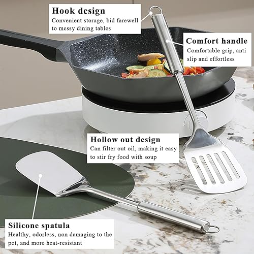 Miniatura 5 de Juego de espátulas de acero inoxidable, espátula ranurada plateada, espátula de cocina resistente, resistente al calor, utensilios de cocina ideales