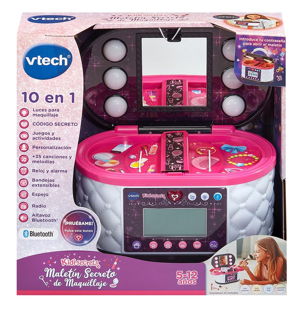 VTech - Maletín Secreto de Maquillaje, Joyero Interactivo, Código Personal, Espejo, Juguete niños +5 años, Color Negro, Pantalla LCD, Actividades mágicas, Bluetooth, Radio, Versión ESP