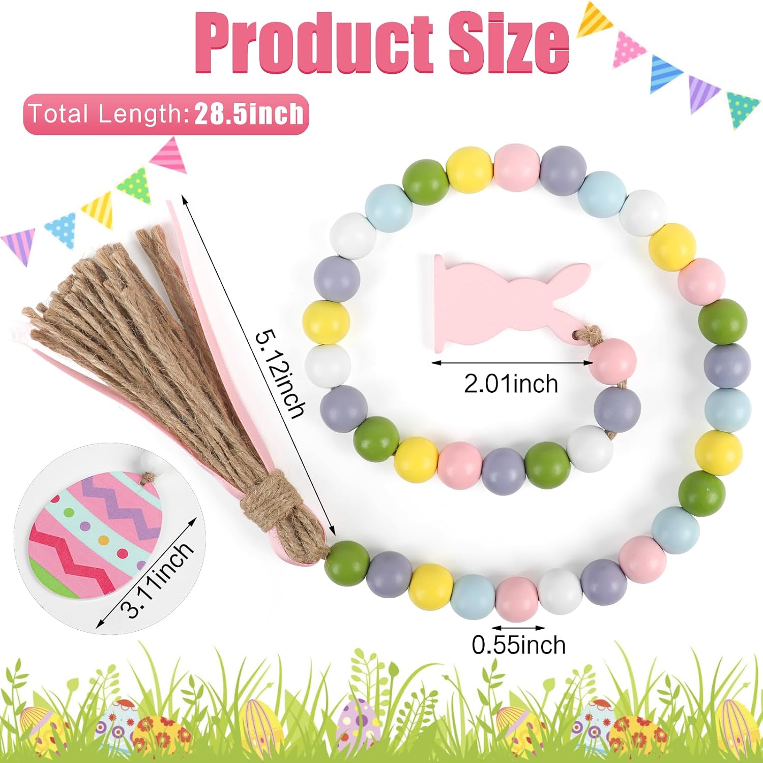 CCINEE 2PCS Spring Wood Bead Garland with Tassels and Bunny Tag Easter Wood Bead Garland Wooden Beaded Boho Decor Farmhouse Rustic Hanging Decorations for Home Room Wall Tiered Tray Shelf