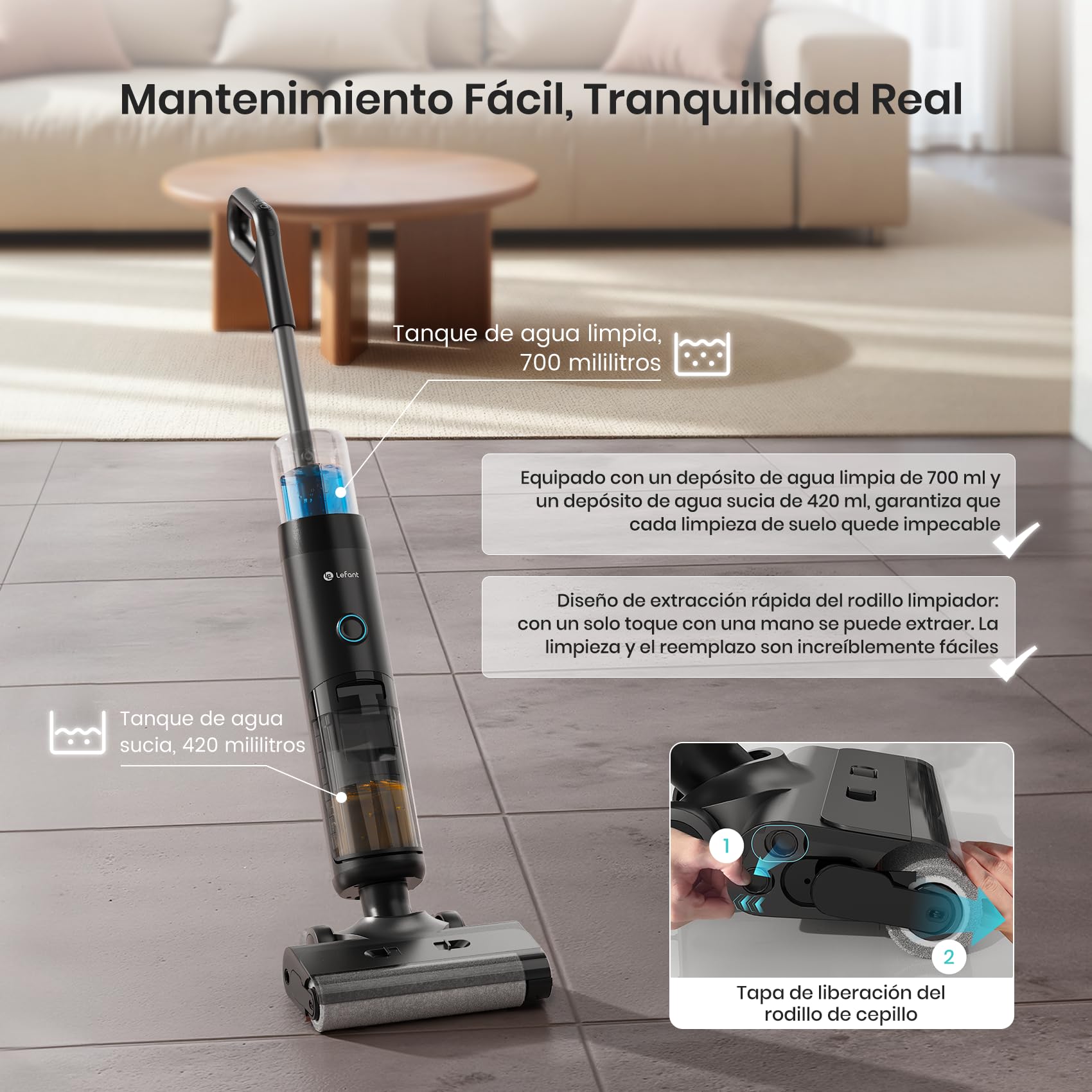 LEFANT LS200 Aspiradora Sin Cable,Aspiradora Vertical en Seco Húmedo con Batería,13 000 Pa, 216㎡, Depósito de Agua de 700 ml, 3 en 1 Barre Aspira Friega, 30 Min de Autonomía, Autolavado