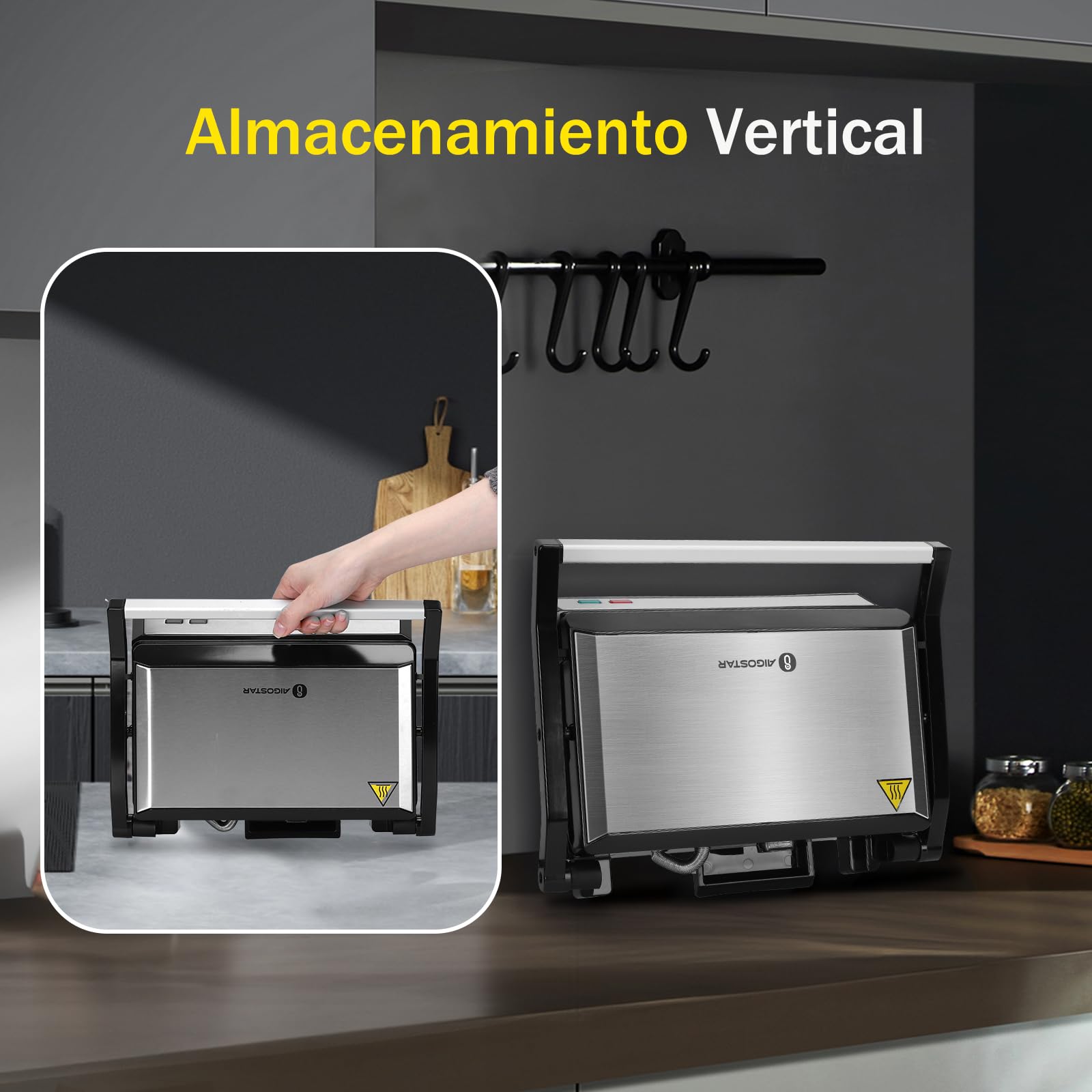 Aigostar Parrilla Eléctrica 1500W | Placas con Revestimiento 27x17 cm | Apertura 180° | Placa Flotante | Libre de PFAS y BPA | Sandwichera Grill | Hett Pro