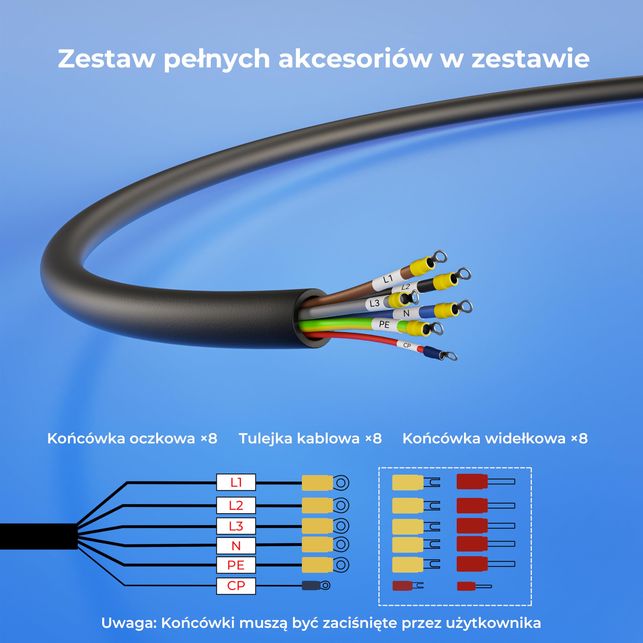 Kabel Ładowania Typ 2 Otwarte Zakończenie 11kW 7m, Kabel Wymienny do Wallbox 16A 3-Fazowy