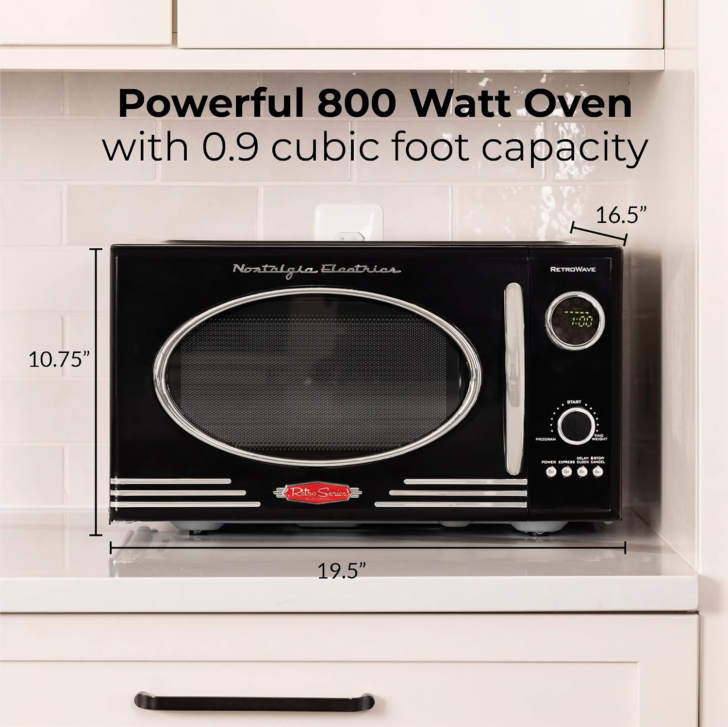 Nostalgia Retro Countertop Microwave Oven - Large 800-Watt - 0.9 cu ft - 12 Pre-Programmed Cooking Settings - Digital Clock - Kitchen Appliances - Black