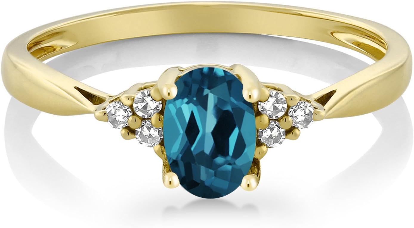 Gem Stone King 14K Yellow Gold Gemstone Birthstone and White Diamond Engagement Ring | Oval 6X4MM | Wedding Anniversary Promise Gold Ring for Women | Sizes 5 to 9 | London Blue Topaz-November | 8