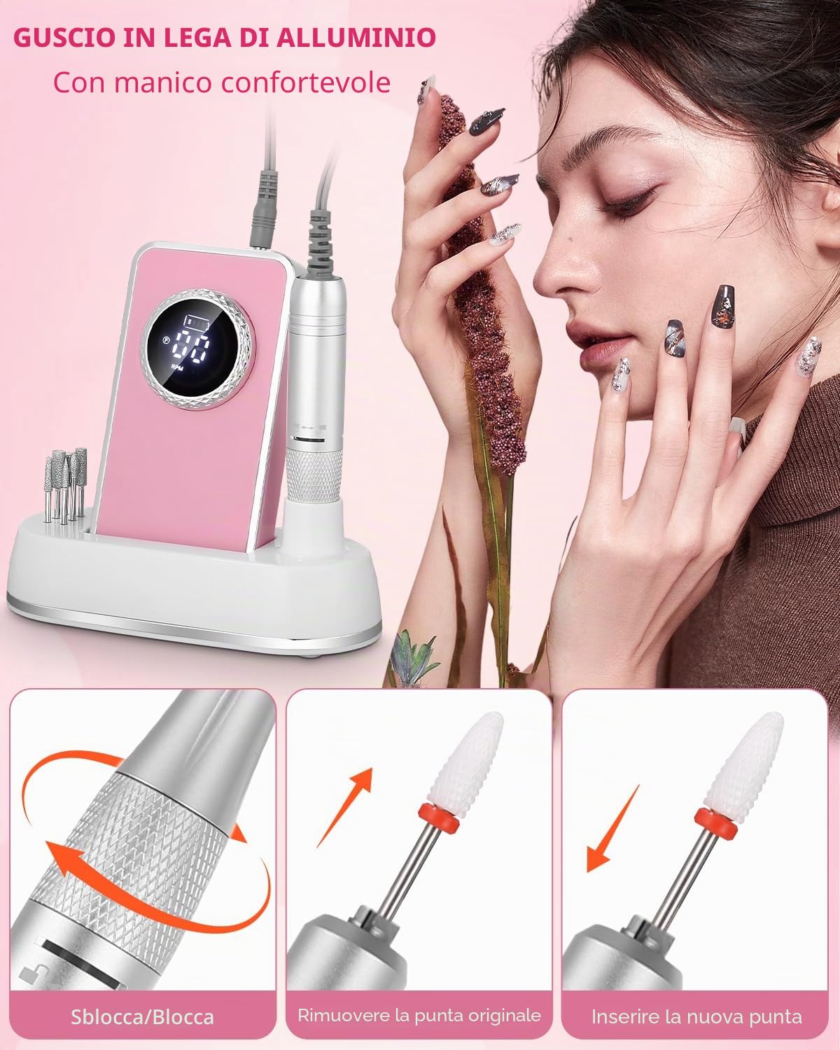 Fresa per Unghie Professionale 50000 Giri,Lima Elettrica Portatile per Unghie,Lima per Unghie Elettrica con display LCD,Set Manicure Elettrico per unghie in gel per Casa Salone
