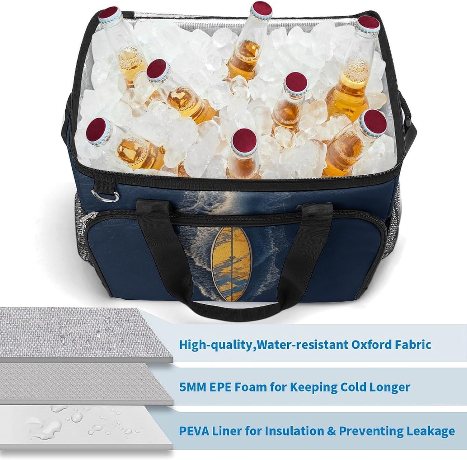 Large Capacity Oxford Cloth Surfboard Printed Camping Ice Bag, Outdoor Portable Insulation and Cooling Bag, Suitable for Outdoor Camping and Picnics