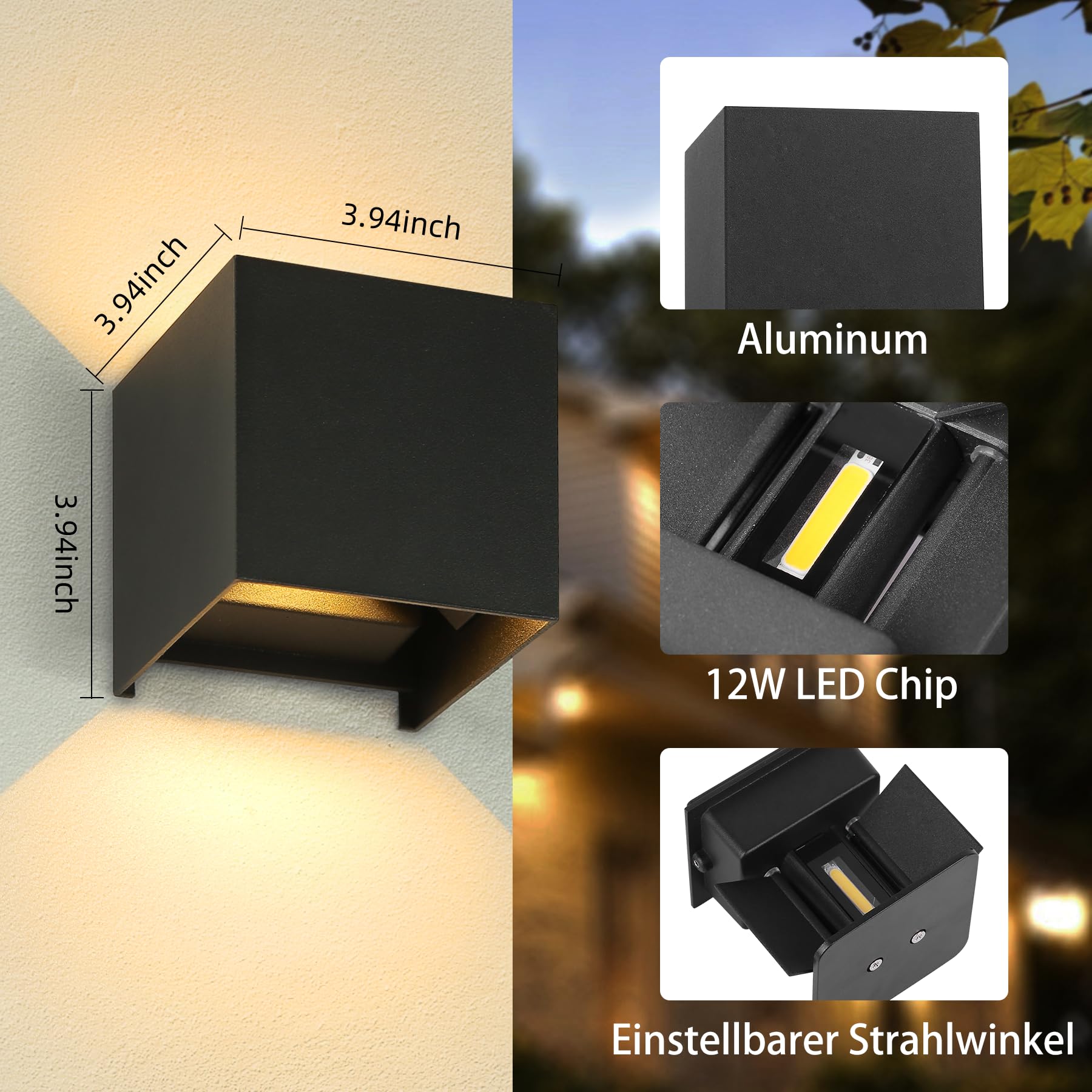 12W Aplique Pared Exterior,IP65 Impermeable Lampara Exterior Pared Ángulo Ajustable,3000K Blanco Cálido Apliques Interior Luz Negro para Patio,Escaleras,Balcón Jardín,Porche