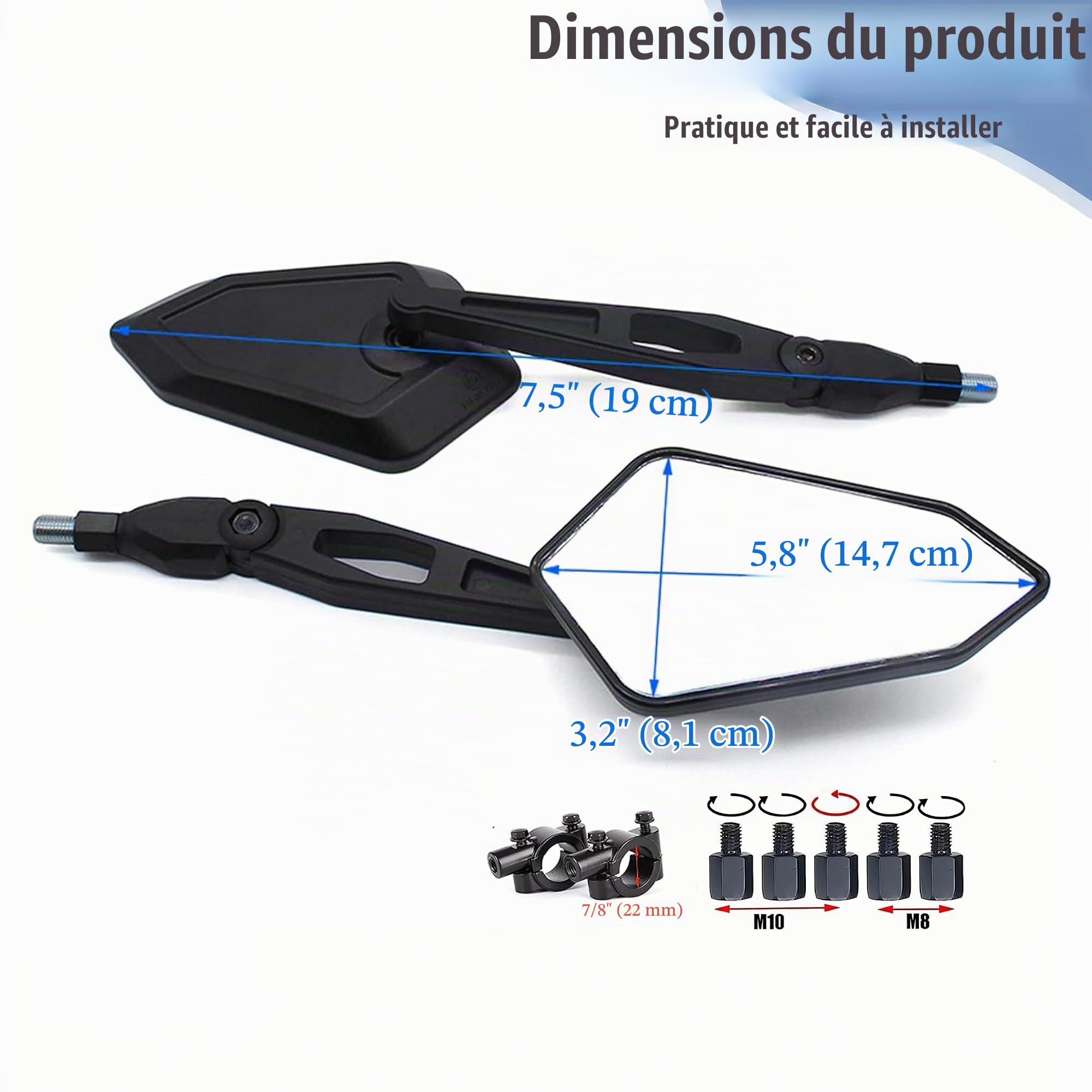 Rétroviseurs de Moto Guidon Universels 7/8" 22mm, M8 M10 Rétroviseurs Latéraux Moto Compatible avec MT09 MT07 Touring Street Bike Yamaha Suzuki Cruiser chopper ATV Custon