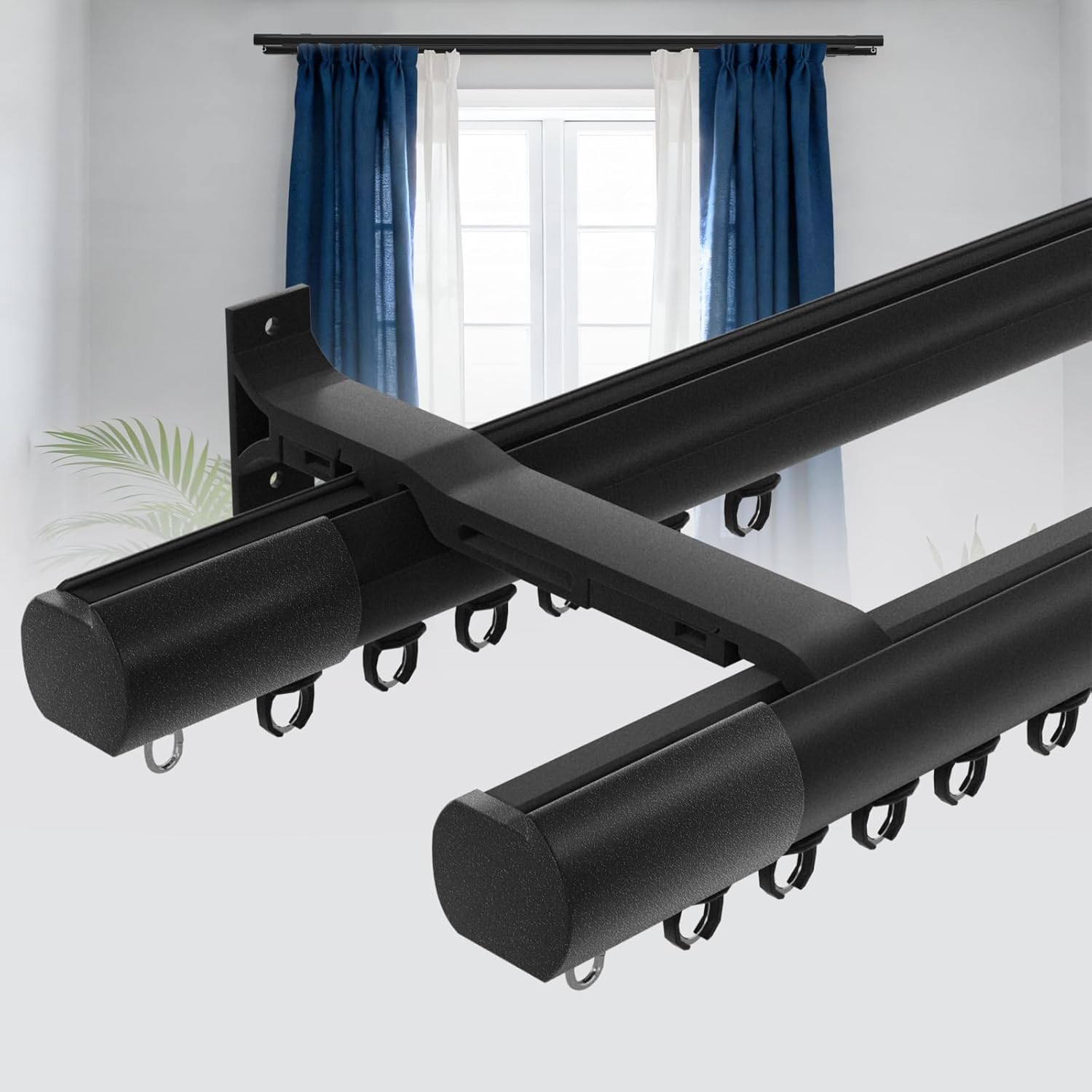 Double Curtain Rod Set for Windows, Heavy Duty Dual Track System with Aluminum Brackets, Decorative White Curtain Rail for Room Divider, Bedroom & Living Room Drapes (White, 86")