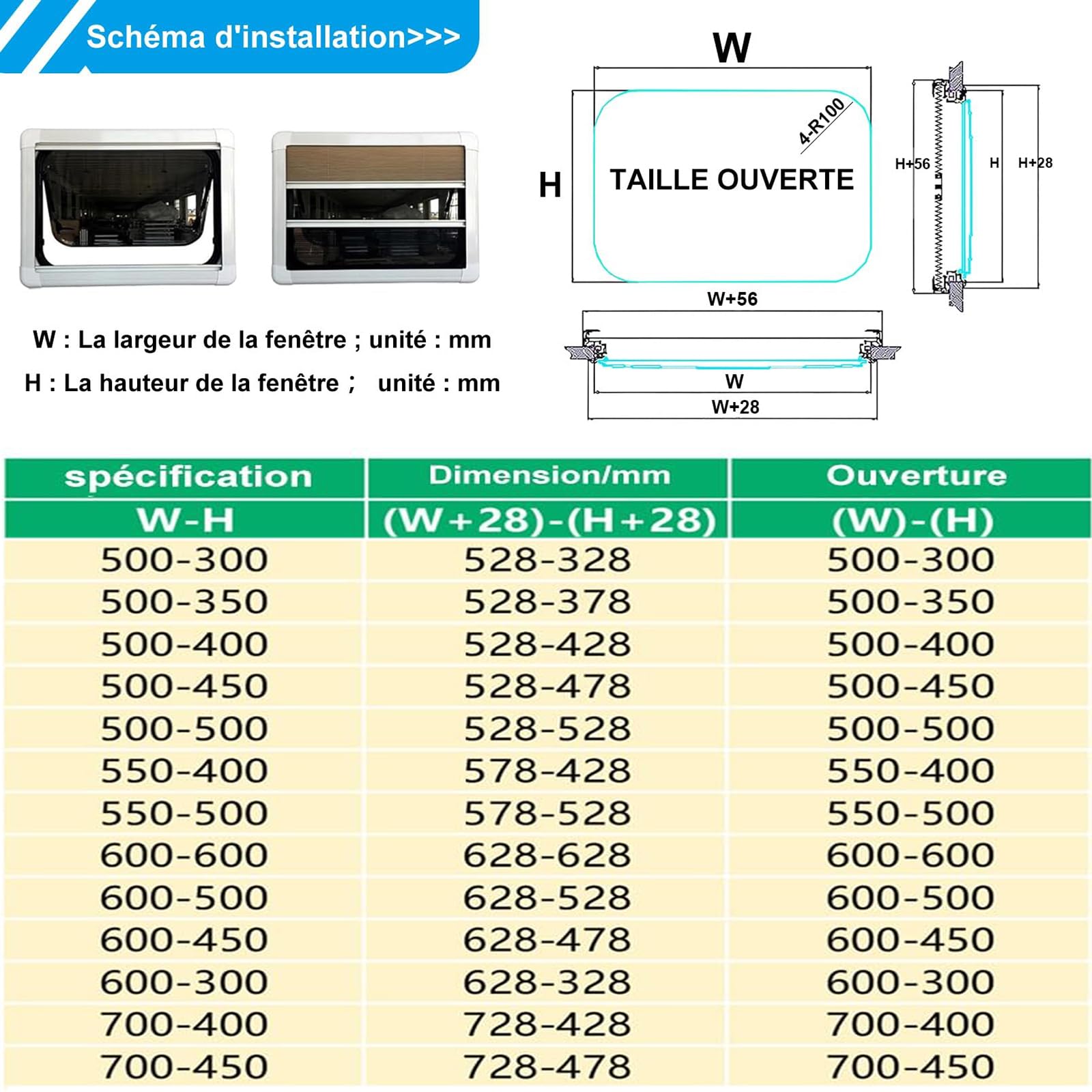 Fenêtre Universelle pour Camping-Car, Ouverture par Simple Pression, Store occultant et Protection Solaire, Angle réglable : 65°, épaisseur de paroi : 30-80 mm, pour Camping-c,700×450mm